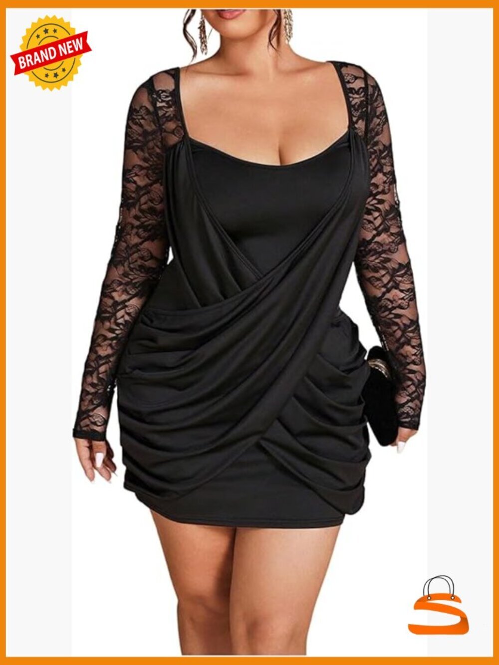 Women's Plus Size Lace Dress Wrap Ruched Long Sleeve Bodycon Mini